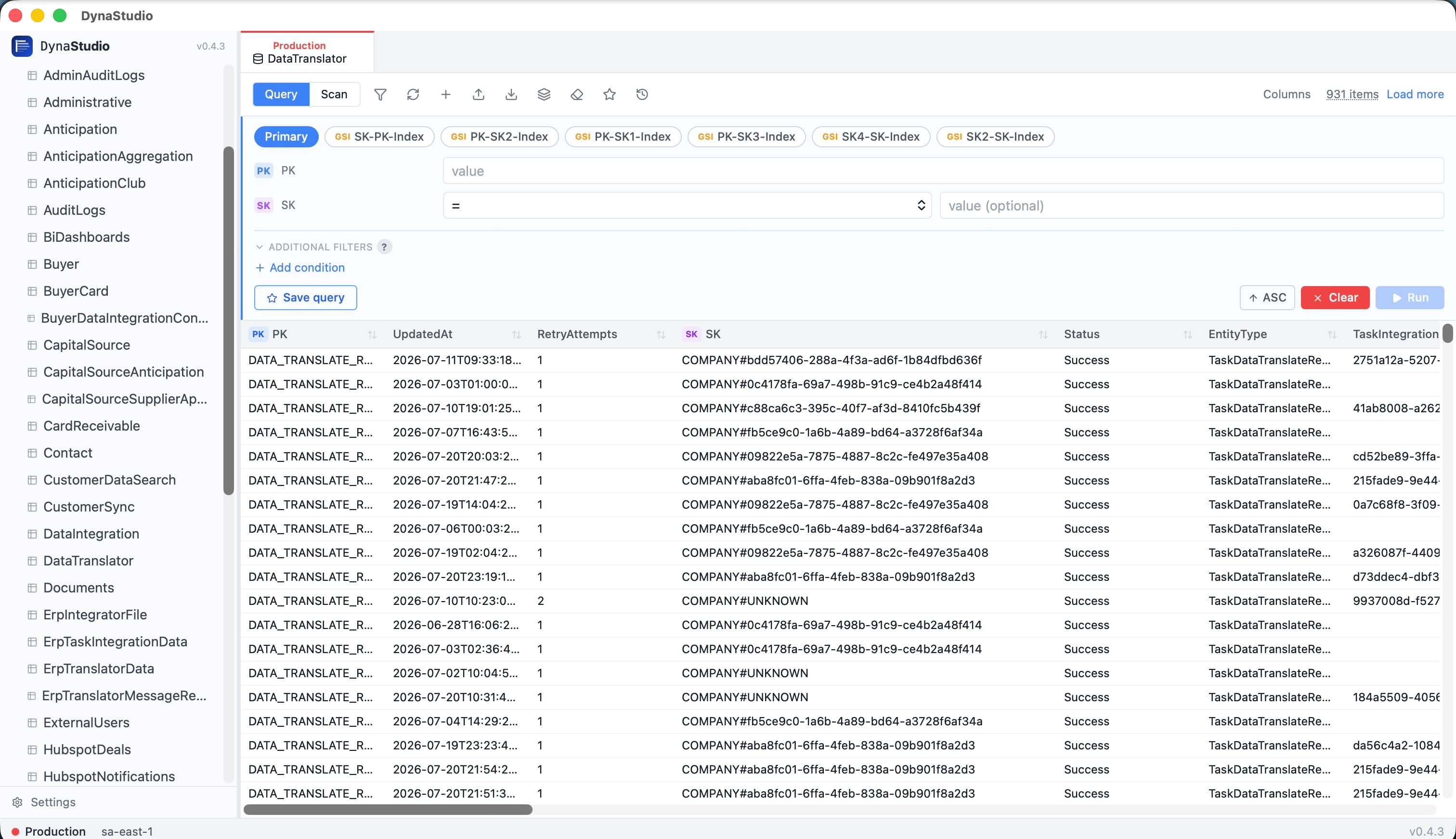 DynaStudio — Table Browser showing scan results